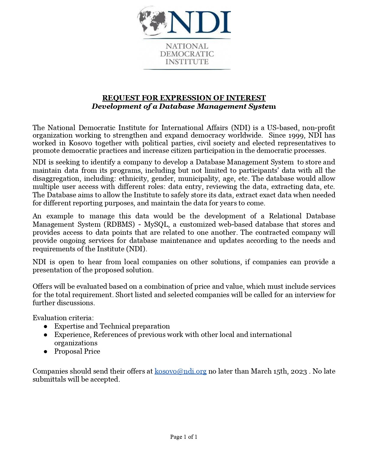 REQUEST FOR EXPRESSION OF INTEREST - Development of a Database Management System